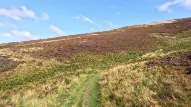 Lammermuir 'lerde Spartleton Tepesi' nde yürümek Gamelshiel Kalesi 'nin kalıntılarını ve rüzgar türbinlerini geçmek, Doğu Lothian ve İskoç sınırlarını panoramik açıdan görmek.