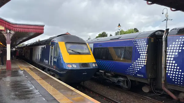 Aviemore tren istasyonu, bir yük treni ve buharlı bir lokomotifle modern seyahatle İskoçya 'nın tarihi cazibesini harmanlıyor..