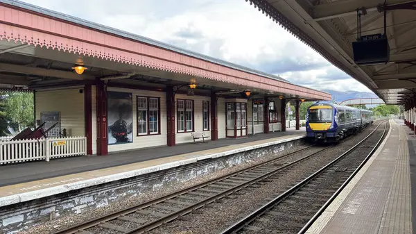 Aviemore tren istasyonu, bir yük treni ve buharlı bir lokomotifle modern seyahatle İskoçya 'nın tarihi cazibesini harmanlıyor..