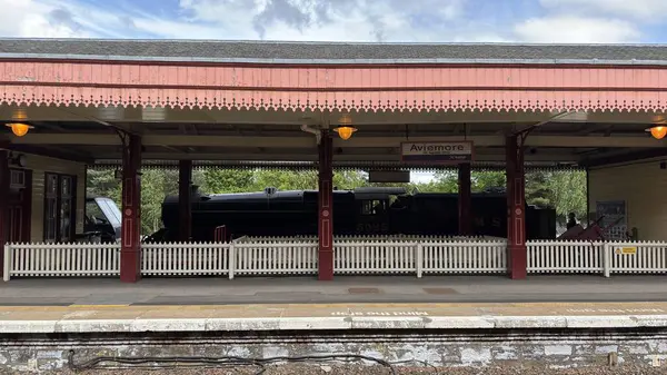 Aviemore tren istasyonu, bir yük treni ve buharlı bir lokomotifle modern seyahatle İskoçya 'nın tarihi cazibesini harmanlıyor..