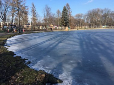 NowaHutas Zalew Nowohucki 'de sakin bir donmuş göl, sosyete yeşilliği ve park yolları tarafından çerçevelenmiş, sessiz sonbahar gökyüzünün altında buz ve kar üzerinde parlıyor.. 