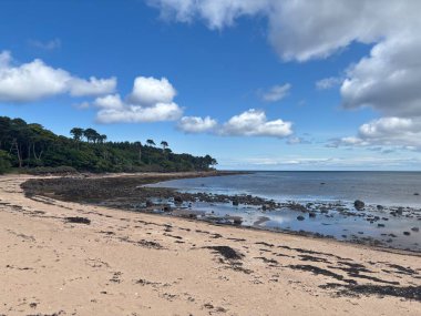 Kuzey Berwick yakınlarındaki engebeli Doğu Lothian kıyı şeridi kayalık çıkıntılar, kumlu körfezler ve Forth Firth of Forth 'taki ikonik Bass Rock ile.