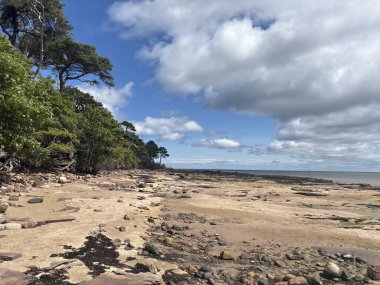 Kuzey Berwick yakınlarındaki engebeli Doğu Lothian kıyı şeridi kayalık çıkıntılar, kumlu körfezler ve Forth Firth of Forth 'taki ikonik Bass Rock ile.
