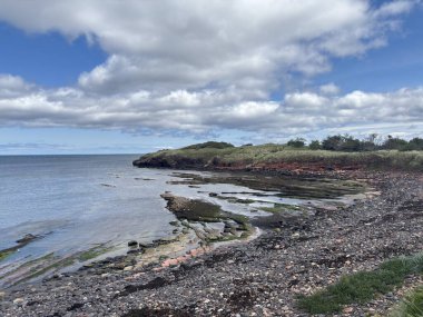 Kuzey Berwick yakınlarındaki engebeli Doğu Lothian kıyı şeridi kayalık çıkıntılar, kumlu körfezler ve Forth Firth of Forth 'taki ikonik Bass Rock ile.