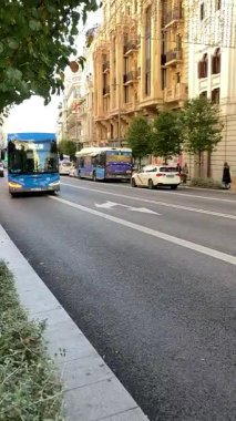 Açık yaz ışığı altında Madrid sokaklarında dolaşan otobüsler şehir ulaşımını ve şehir yaşamını yakalıyor.