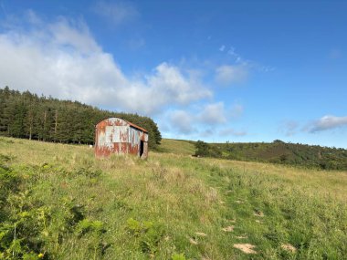 İskoç sınırlarında terk edilmiş paslı bir metal çiftlik kulübesi, açık çayırlarla, yıpranmış dokularla ve sakin kırsal alanla çevrili..