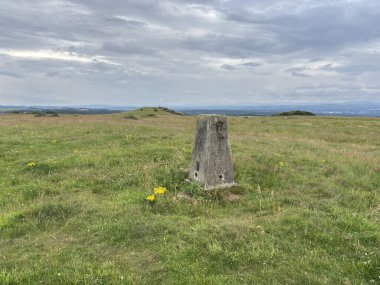 Knock Hill Zirvesi 'nin zirvesindeki trigonometri noktası İskoç kırsalında yaz gökyüzü altında geniş panoramik manzaralar barındırıyor..