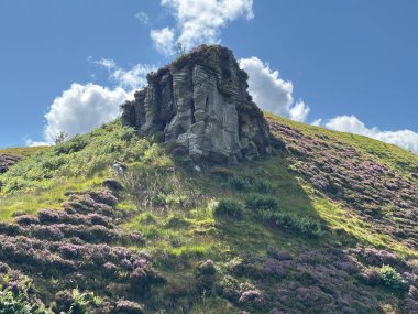 Carlops yakınlarındaki Harbour Craig 'deki Kürsü Kayası. Covenanters tarafından bir zamanlar kullanılan çarpıcı doğal bir çıkıntı. Uzak yaz tepelerinde ve açık gökyüzünün altında yer alıyor. İskoçya