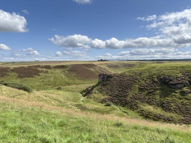 Carlops yakınlarındaki Harbour Craig 'deki Kürsü Kayası. Covenanters tarafından bir zamanlar kullanılan çarpıcı doğal bir çıkıntı. Uzak yaz tepelerinde ve açık gökyüzünün altında yer alıyor. İskoçya