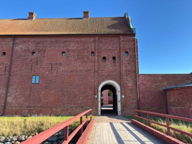Well-preserved Citadellet Landskrona fortress in Sweden constructed 1549-1559 by Danish King Christian III showing square layout with corner towers wide moats and earthwork defenses overlooking Oresund strait.