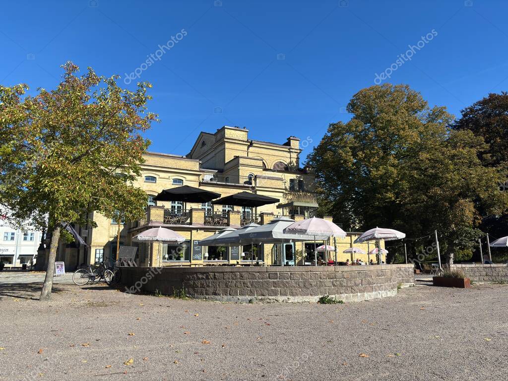 Facade of Landskrona Teater in Sweden inaugurated 1901 by King Oscar II featuring neoclassical design with balconies and columns in city center cultural venue.