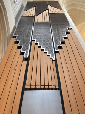 Modern wooden pipe organ inside a Swedish church