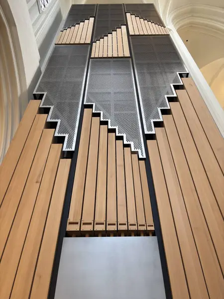 Modern wooden pipe organ inside a Swedish church