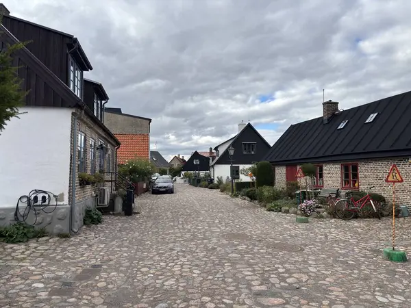 Scenic Raa Sweden locality featuring historic 19th-century fishing port marina pebbled shoreline dunes and traditional wooden architecture near Helsingborg. R