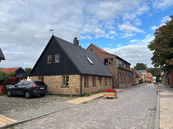 Scenic Raa Sweden locality featuring historic 19th-century fishing port marina pebbled shoreline dunes and traditional wooden architecture near Helsingborg. R