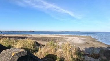 Scenic Landskrona Sweden coastline featuring Oresund waters sandy and pebbled beaches grassy dunes and Ven island horizon in natural port setting with ferry routes visible.