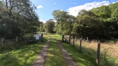 First-person view hillwalking trail in the Lammermuir Hills of Scotland, traversing open moorland, purple heather, sheep-grazed pastures, winding burns, and upland ridges with reservoirs in the distance under clear skies.