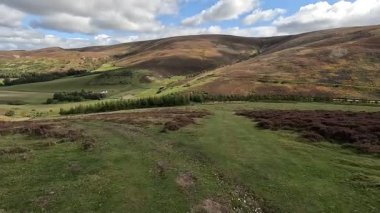 First-person view hillwalking trail in the Lammermuir Hills of Scotland, traversing open moorland, purple heather, sheep-grazed pastures, winding burns, and upland ridges with reservoirs in the distance under clear skies.