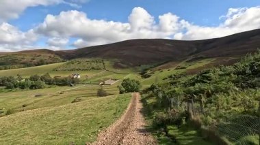 First-person view hillwalking trail in the Lammermuir Hills of Scotland, traversing open moorland, purple heather, sheep-grazed pastures, winding burns, and upland ridges with reservoirs in the distance under clear skies.