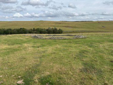 İskoç sınırlarında açık arazide yerleştirilmiş dik çember taşları, koyun otlaklarına tepeden bakan, sarmal vadi, fundalık kaplı fundalıklar ve açık gökyüzü ile dağlık yaylalar..
