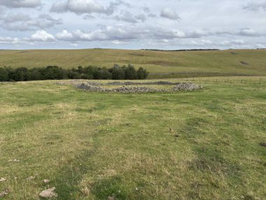 İskoç sınırlarında açık arazide yerleştirilmiş dik çember taşları, koyun otlaklarına tepeden bakan, sarmal vadi, fundalık kaplı fundalıklar ve açık gökyüzü ile dağlık yaylalar..