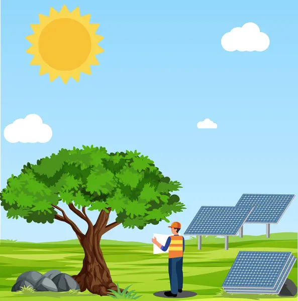 Stock vector Illustration of Engineer at an alternative energy station with panels, providing green and renewable energy. Worker installing a renewable energy panel system..