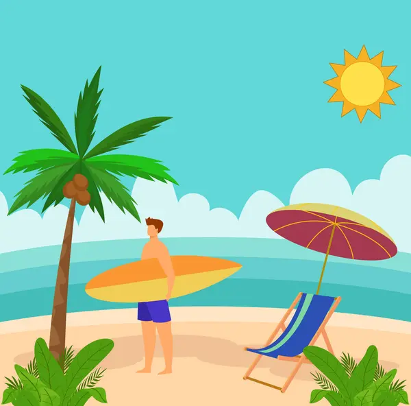 stock vector Vector illustration of a young man in swimming trunks walking with his board. Concept of summer, summer vacation, relaxation, tourism, rest and sunbathing