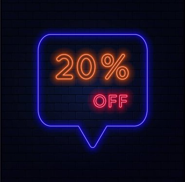 Yüzde 20. % 20 indirimli. Neon tarzı. Özel teklifler satıyorum. Bir alışveriş günü perakende reklam kampanyası için neon tarzı balon reklamı. tuğla arka plan. vektör illüstrasyonu