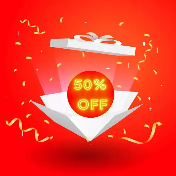 stock vector 50% off. fifty percent off. neon. Special offer and discount sale in red color. White open gift box with percent sign in neon style golden color. vector illustration.