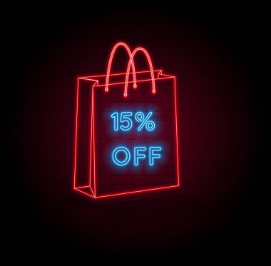 15% off. fifteen percent off. neon style. brick wall background in red color. Sale symbol with decorative objects. Price tag. 3D shopping bag. Sale banner and poster. Vector illustration. clipart