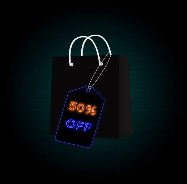 stock vector 50% off. fifty percent off. neon style. Shopping bag. big offer, sale, special offer tag. sticker, tag, banner, advertising, offer icon. brick wall background..