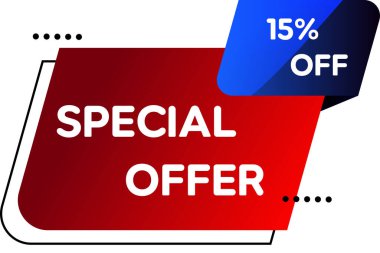 % 15 indirim. Süper satış ve özel teklif. Yüzde 15 indirimli. Vektör çizimi. kırmızı ve siyah renk.