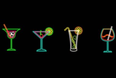 Kokteyl ikonu neon ışıklı arka plan. Tatil afişi tasarımı. Parti dekorasyonu. Vektör illüstrasyonu