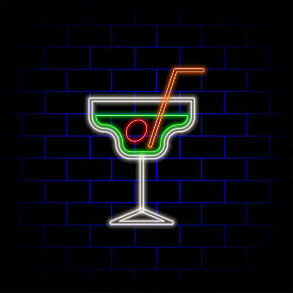 stock vector Retro neon wine glass sign on brick wall background. Neon design cocktail party banner for sign, label, banner, advertising. Vector illustration. Neon design for fiesta or restaurant