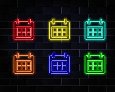 Neon ışık efekti. Takvim çizgisi simgesi. Yıllık planlama tabelası. Olay takvimi sembolü. 3D çizgi neon ışıklı ikon. Tuğla duvar afişi. Takvim çizimi. Vektör. kırmızı, sarı, mavi, turuncu ve yeşil.