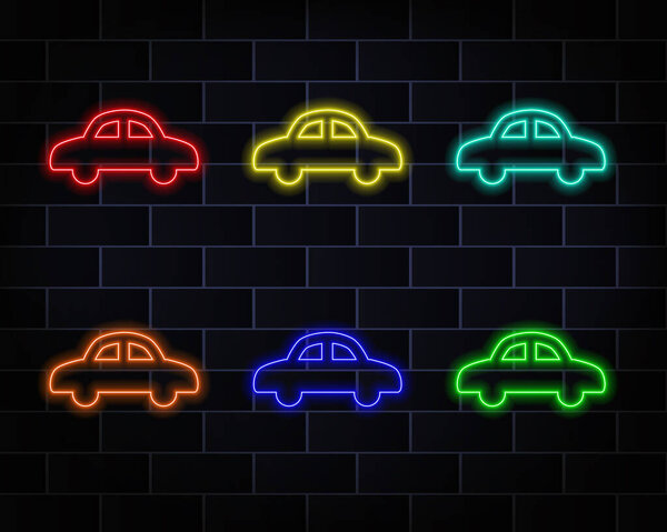 Neon light glow effect. Car travel line icon. Travel transport sign. Vacation vehicle symbol. Neon glow icon. Brick wall banner. Car trip sketch. Vector. red, yellow, blue, orange and green.