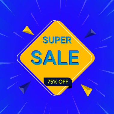 % 75 indirimli süper indirim. Sosyal medya afişi tasarımı. Yüzde 75 indirimli. sarı ve mavi renkler.