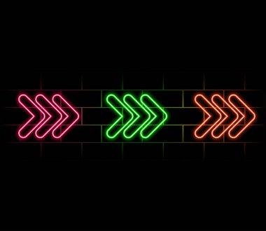 Koridorun içinde duvarlarında neon ok ışığı ve yerde yansımaları olan bir oda. Yolu ve parlak lambaları olan gerçekçi bir 3 boyutlu arka plan. Perspektifi elektrik parıltısı tüneli olan soyut fütürist bg.