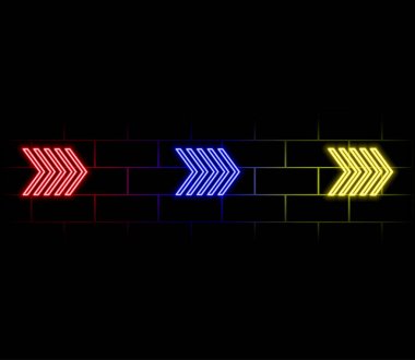 Neon ok sembolü simgesi. Kara Arkaplan ve aşağı ok yönü. Yönlendirme işareti. İndirme okuna yanıp sönen neon simgesi. neon ok işareti