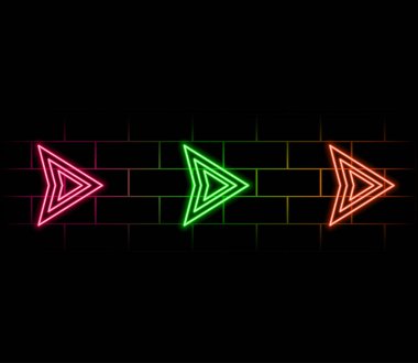 Neon yeşil ok simgesi. Neon ışıklı sağ oklar. Parlak yönlü oklar. Siyah arkaplanda parlayan neon ok işareti. Kumarhane, bar, sinema, gece kulübü için konum göstergesi.