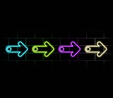 Duvarın arka planında neon levhası Arrow Left mor. Parlak neon ışıkları olan klasik elektrikli tabela. Neon sembolü işaret ışığı. Kahveli bar ya da kafe. Gece kulübü içkisi. Vektör illüstrasyonu