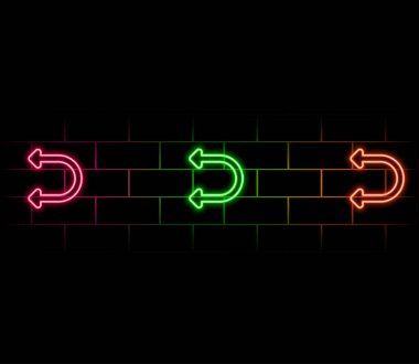 3D görüntüleme, koyu mavi, kırmızı, ultraviyole ışıkta parlayan neon okların soyut arkaplanı. Modern minimalist duvar kağıdı