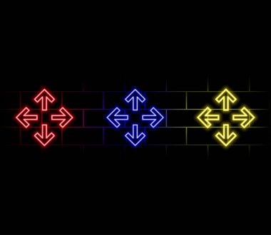 Kırmızı bir neon ok sağa dönüyor. Yol işareti simgesi kırmızı parlıyor, parlak sembol ve sohbet neonunda koyu arkaplan simgesi var. Parlak kırmızı, koyu renkli bir sembol.