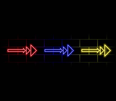 Soyut neon ok simgesi canlandırma arkaplanı. Sağ ok küresi neon ikonu. Sağ neon ok. neon ok işareti.