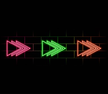 Neon Ok Vektörü Ayarlandı. Farklı yönlerde 3d Parlak Oklar. Yukarı, sağ, aşağı, sol parlak ok düğmeleri. İzole edilmiş Karanlık Arkaplanda Web ve Mobil Oyun Tasarımı için Açık Mavi Simgeler.