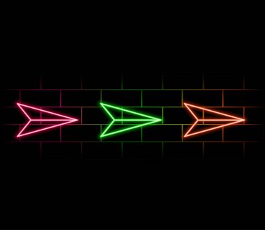 Parlayan neon hattı yenileme simgesi tuğla duvar arka planında izole edildi. Sembolü yeniden yükle. Döndürme okları daire işareti şeklinde. Vektör İllüstrasyonu.
