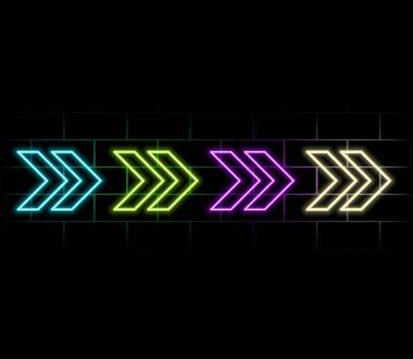 Nöron fütüristik ok işareti. Tuğla duvar arkaplanındaki renkli parlak neon ok işaretçisi kümesi