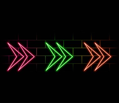 Neon ok işaretleri koleksiyonu. Parlak ok işaretleyici sembolleri. Renkli neon oklar seti, tuğla duvar arka planında ağ simgeleri. Pankart tasarımı, parlak reklam tabelaları. Vektör illüstrasyonu.