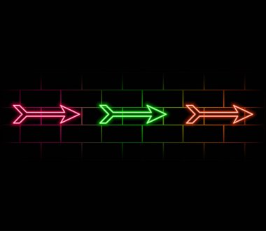 Modern Neon Pembe ve Mavi Gradyan Parlayan Oklar Karanlık Boş Grunge Beton Tuğla Arkaplan Banner Çerçevesi. Vector Vintage Mor Mavi Yön Lambası. Retro Neon İşareti