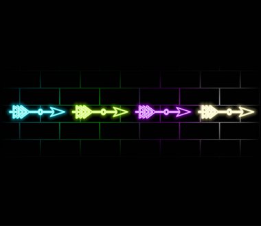 Neon çerçeve. Farklı renkte neon oklar. Karanlık bir arka planda lazer ışınları. Neon parlayan göstergesi.